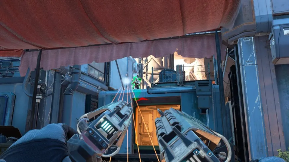 Apex Legends Cheats aimbot combat — dual pistols tracking a highlighted enemy
